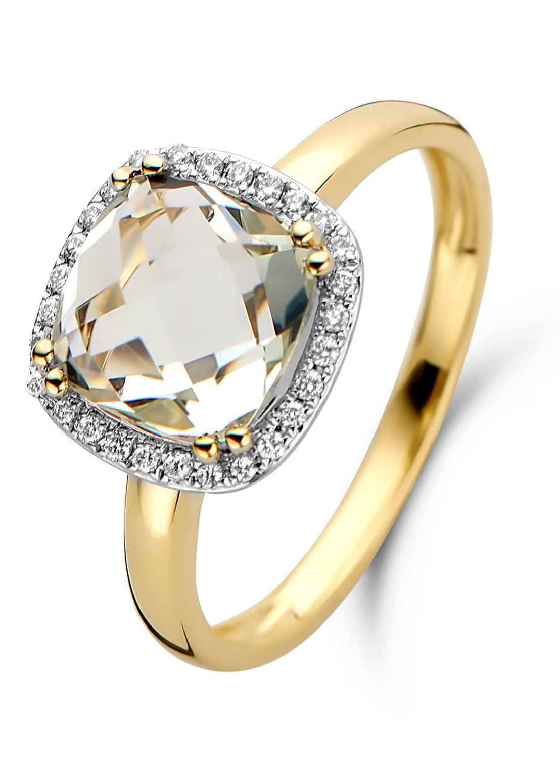 Diamond Point Geelgouden ring 2.40 ct groene amethist Fiësta - voorkant geelgoud