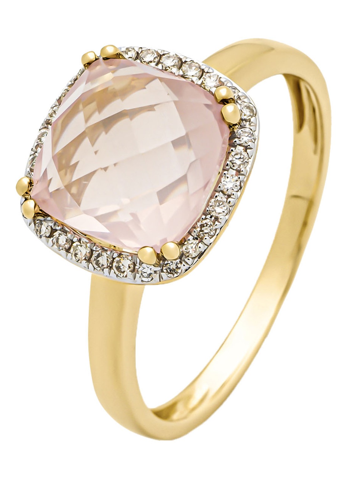 Diamond Point Geelgouden ring, 2.58 ct roze kwarts, Fiësta - voorkant geelgoud