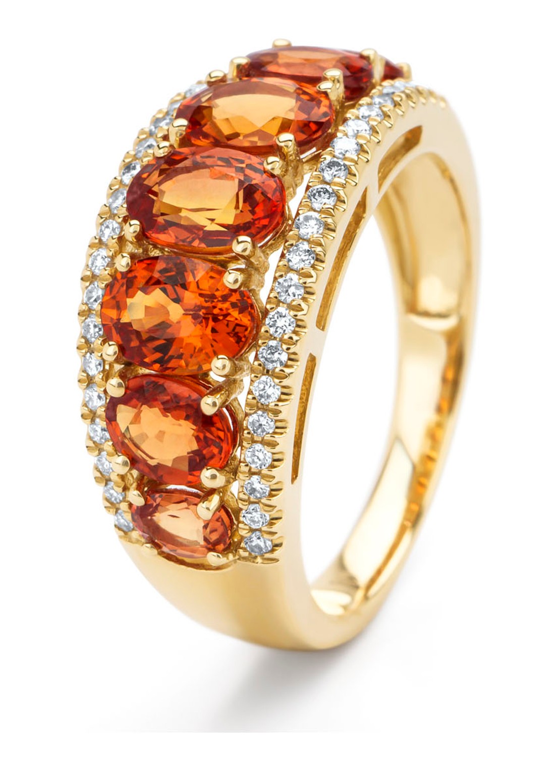 Diamond Point Geelgouden ring, 3.55 ct oranje saffier, Eden - voorkant geelgoud