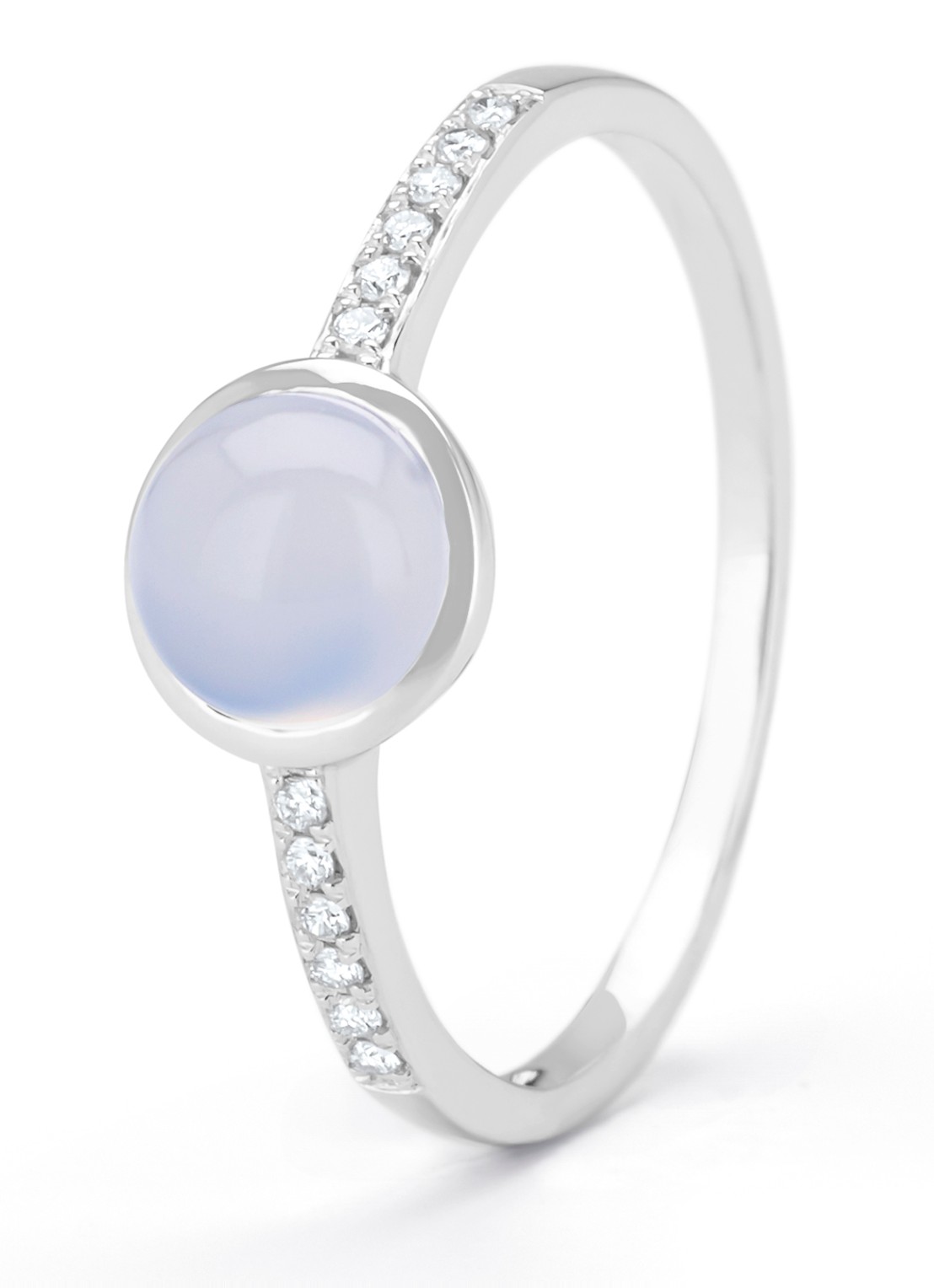 Diamond Point Witgouden ring, 0.93 ct blauwe chalcedoon, Little Drops - voorkant witgoud