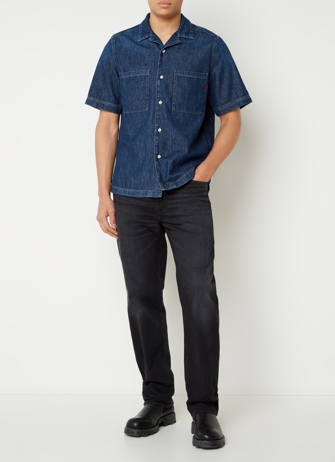 Diesel Camecia regular fit overhemd van denim met logoborduring - voorkant 4 indigo