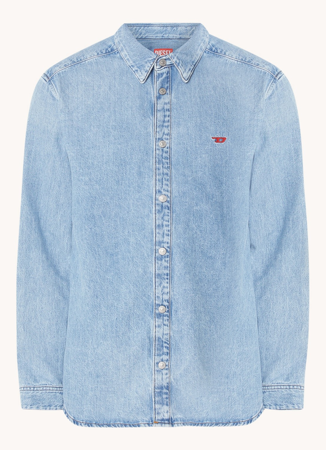 Diesel D-Simply overshirt van denim met logoborduring - voorkant 2 lichtblauw