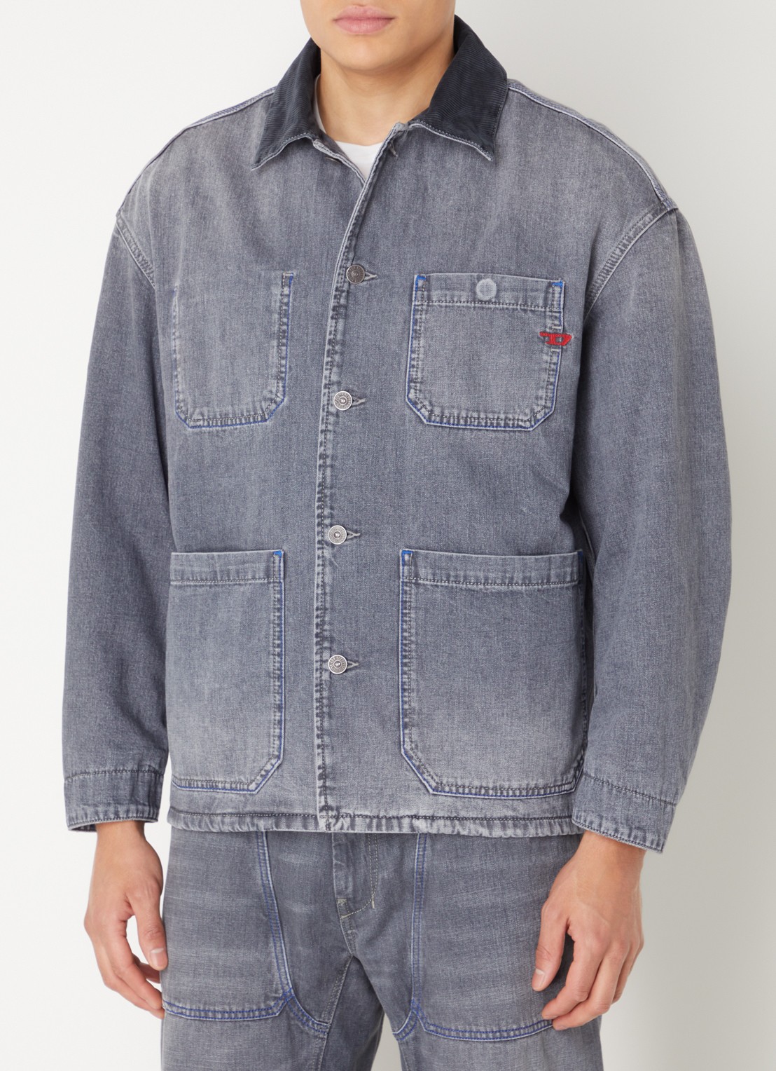 Diesel D-Stack-U spijkerjas met opgestikte zakken en details van corduroy - detail 3 blauwgrijs
