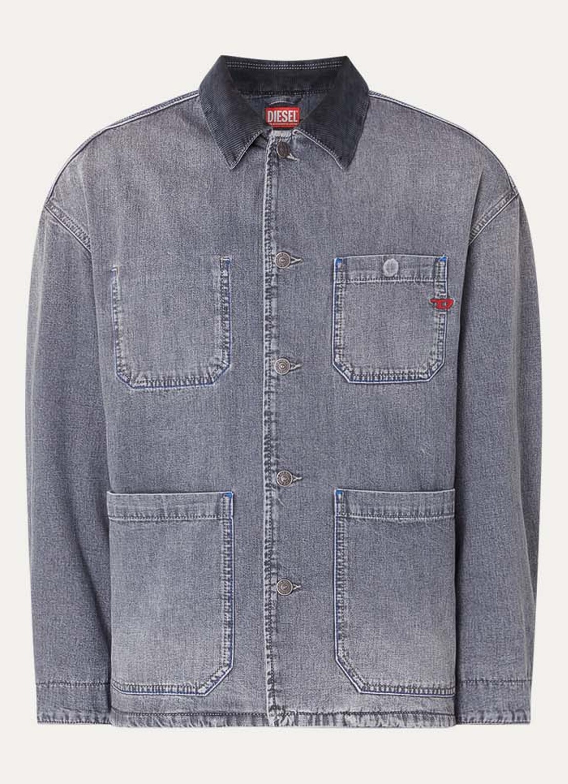 Diesel D-Stack-U spijkerjas met opgestikte zakken en details van corduroy - voorkant blauwgrijs