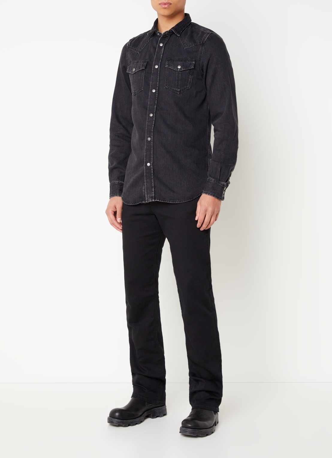 Diesel D-Vega regular fit overhemd van chambray met borstzakken - voorkant 3 zwart