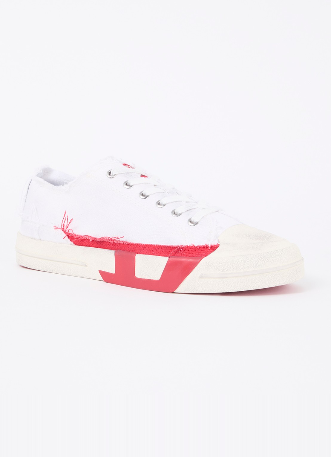 Diesel D-verse Low sneaker van canvas met destroyed afwerking - voorkant wit