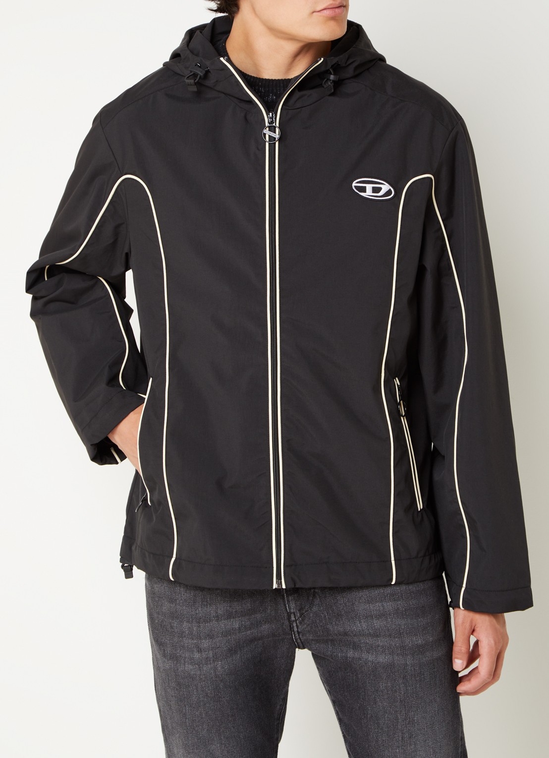Diesel J-Hives windjack met capuchon en logoborduring - detail 4 zwart