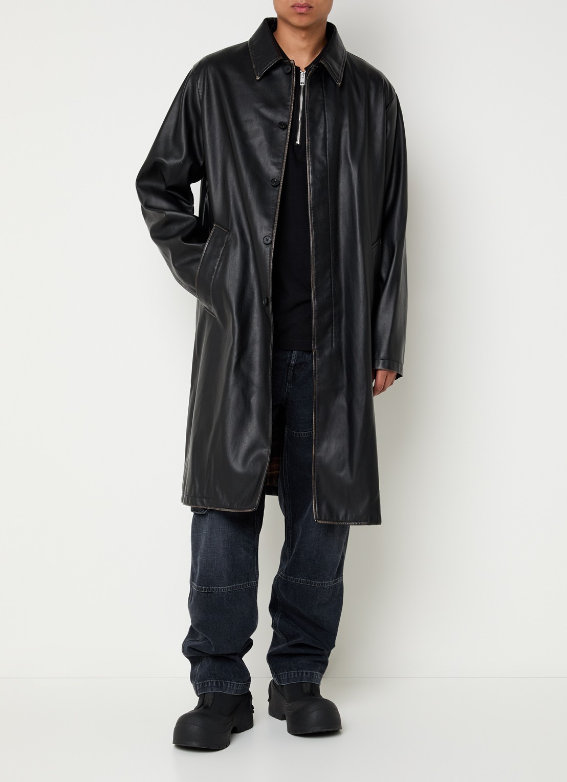 Diesel J-Rivers trenchcoat van imitatieleer - voorkant 3 zwart
