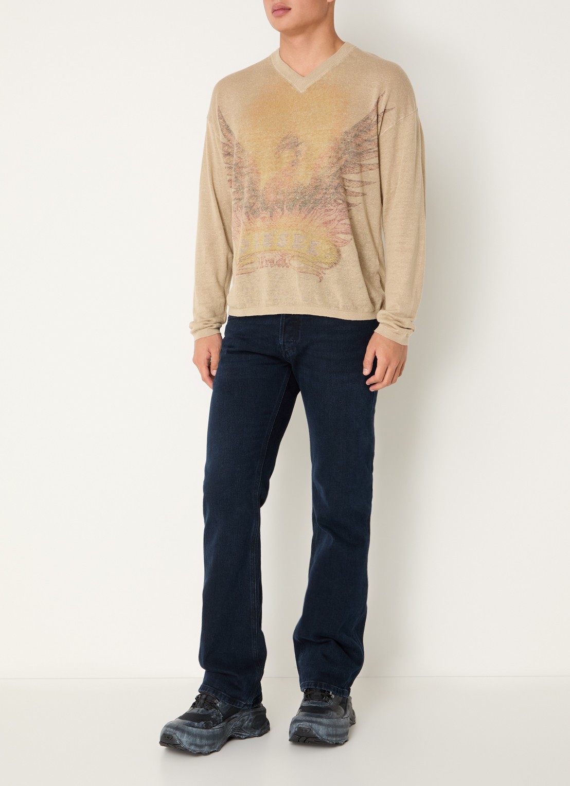 Diesel K-Armins fijngebreide pullover van linnen met print - voorkant 4 beige