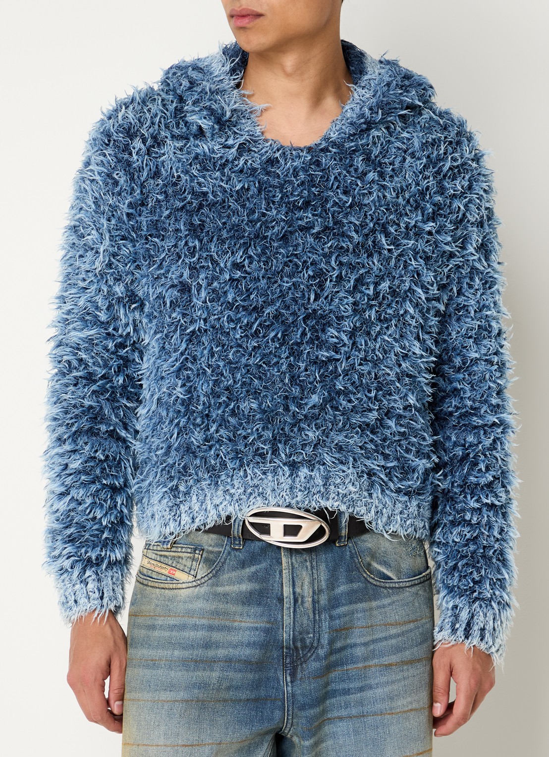 Diesel K-Dave grofgebreide hoodie met verwassen afwerking - detail blauw