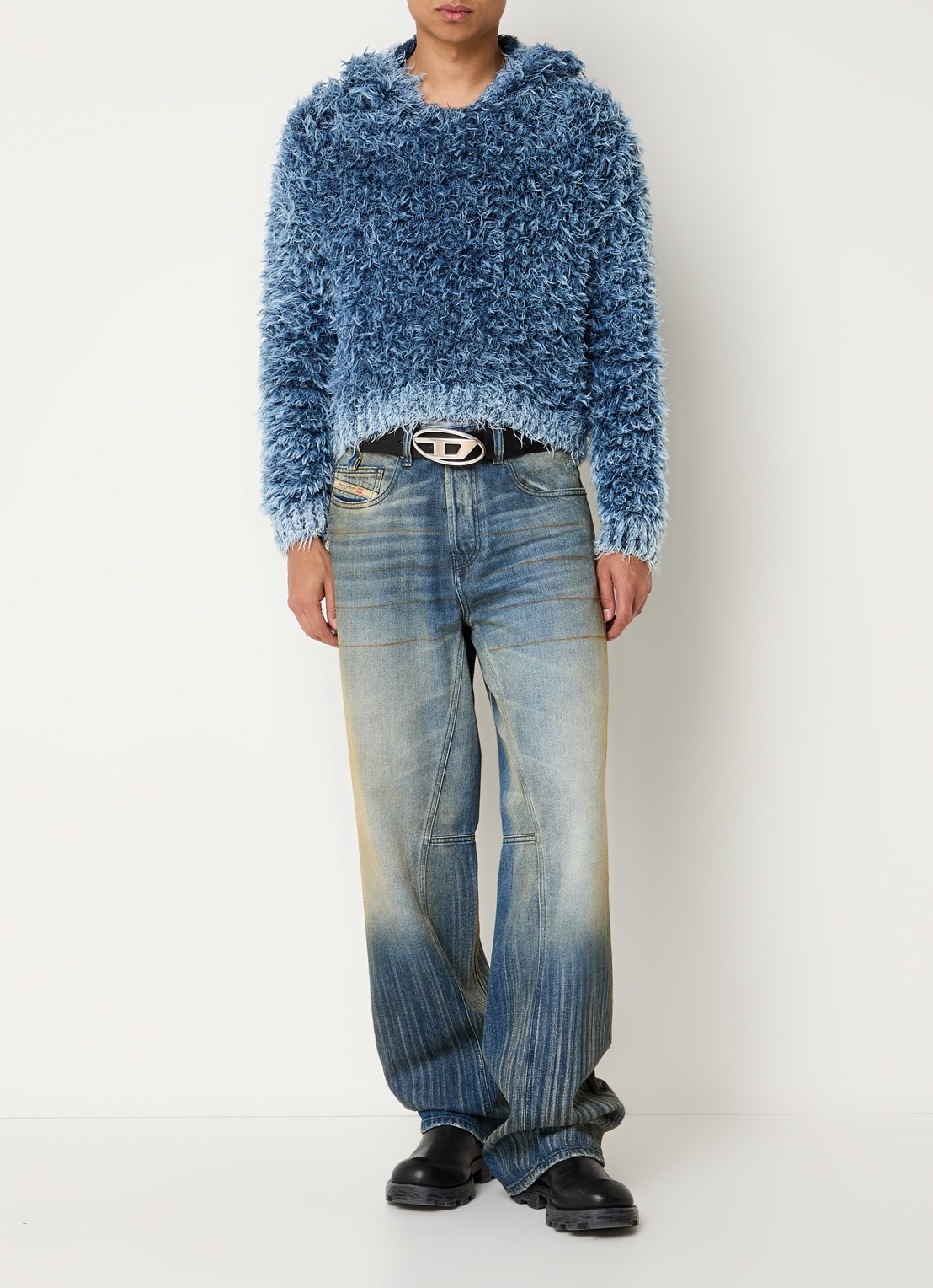 Diesel K-Dave grofgebreide hoodie met verwassen afwerking - voorkant 4 blauw