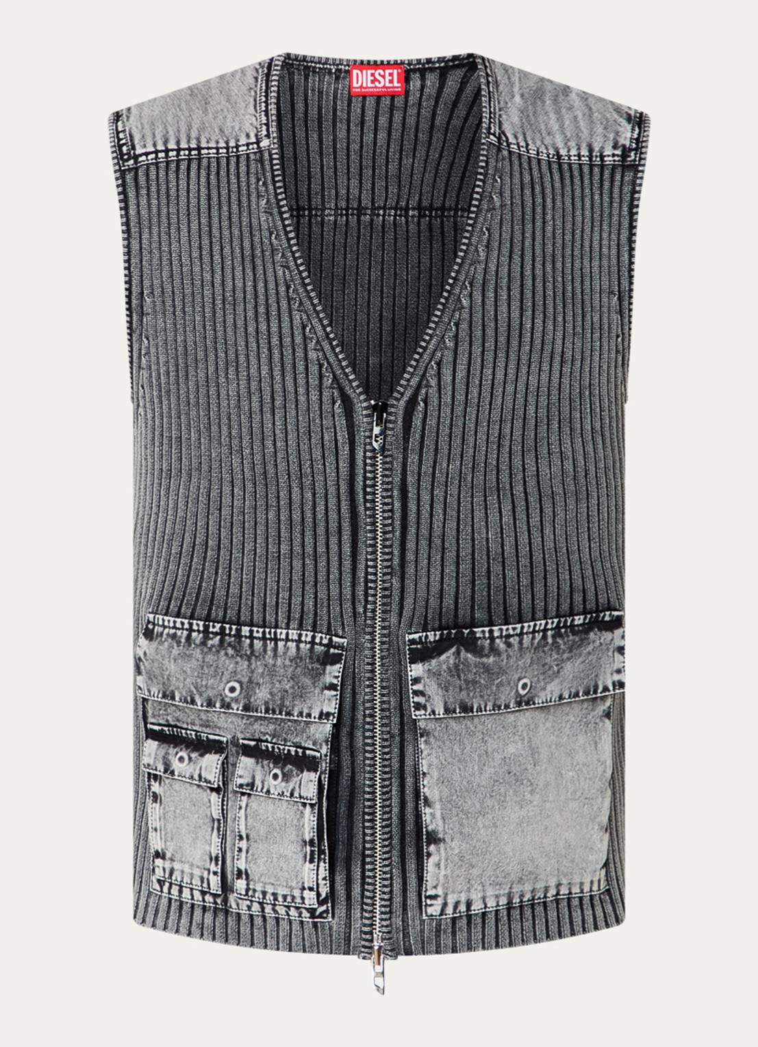 Diesel K-Margie ribgebreide vest met klepzakken - voorkant grijs