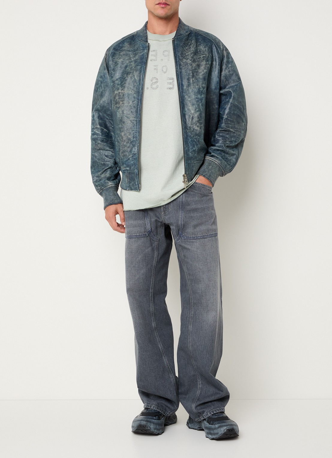 Diesel L-Cobb bomberjack van schapenleer met steekzakken - voorkant 3 donkerblauw