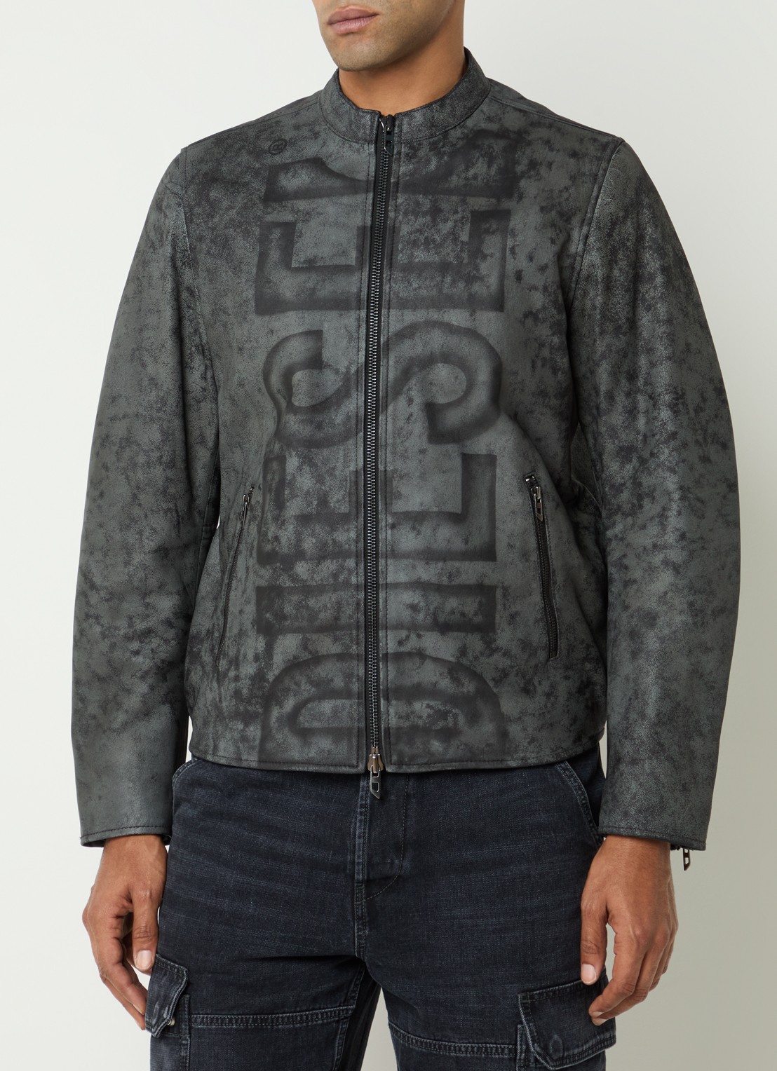 Diesel L-evert jack van lamsleer met logoprint - detail 4 donkergrijs