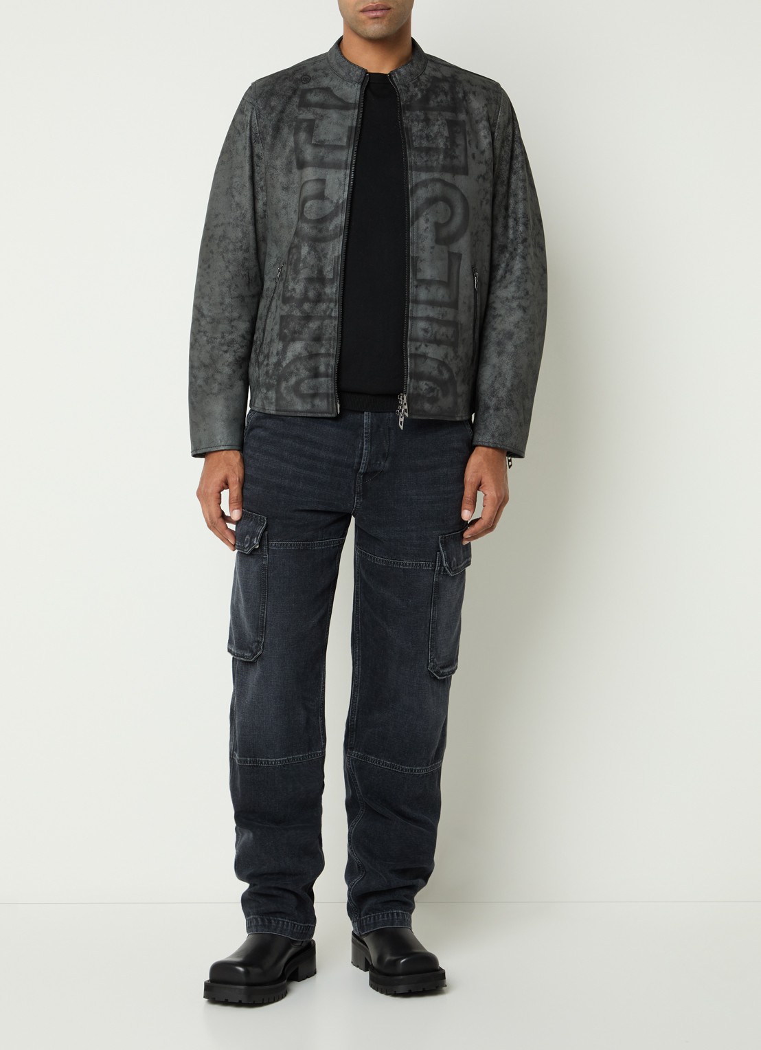 Diesel L-evert jack van lamsleer met logoprint - voorkant 2 donkergrijs