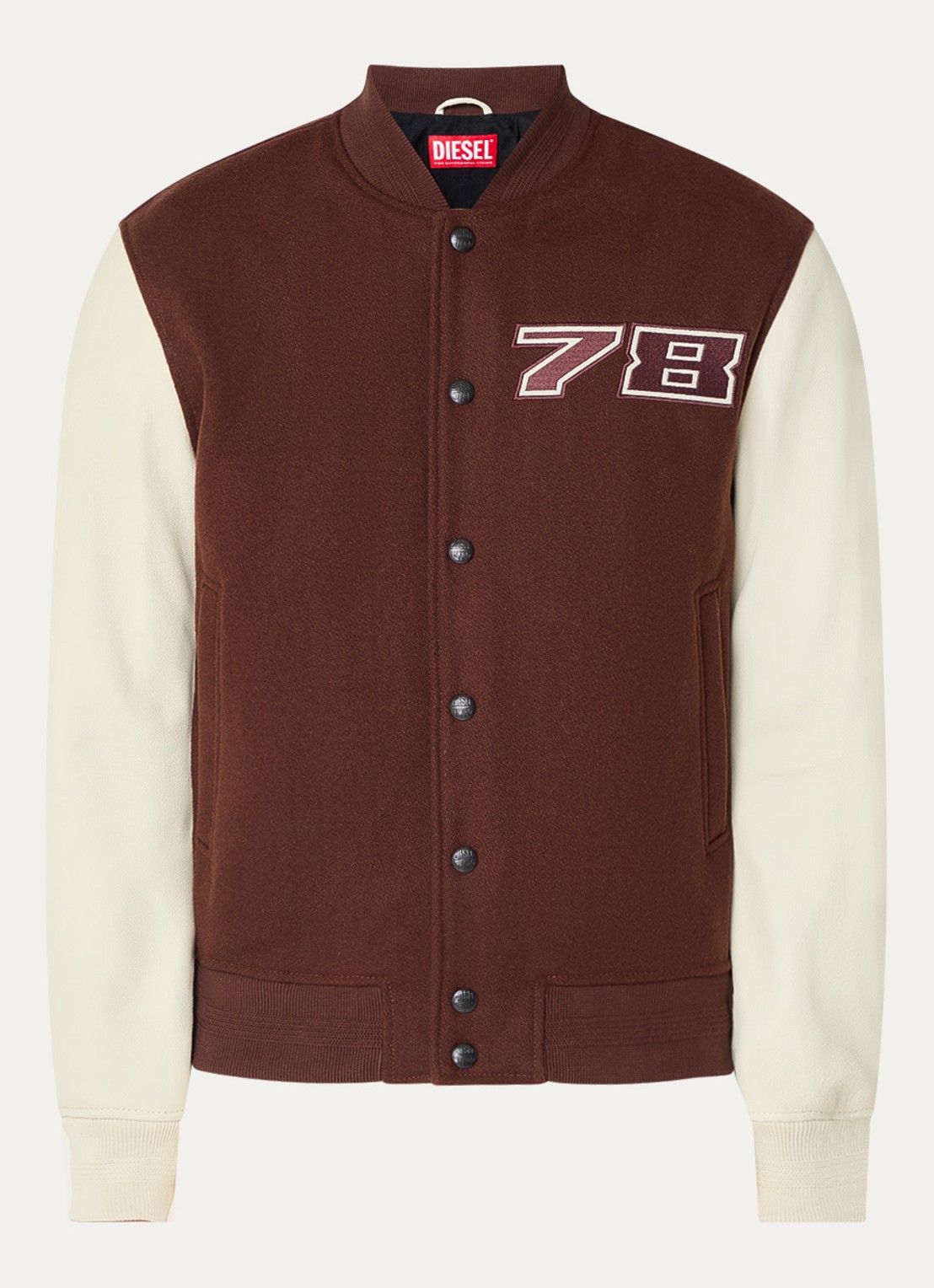 Diesel L-kopf baseball jack in wolblend met borduring- en backprint - voorkant kastanjebruin