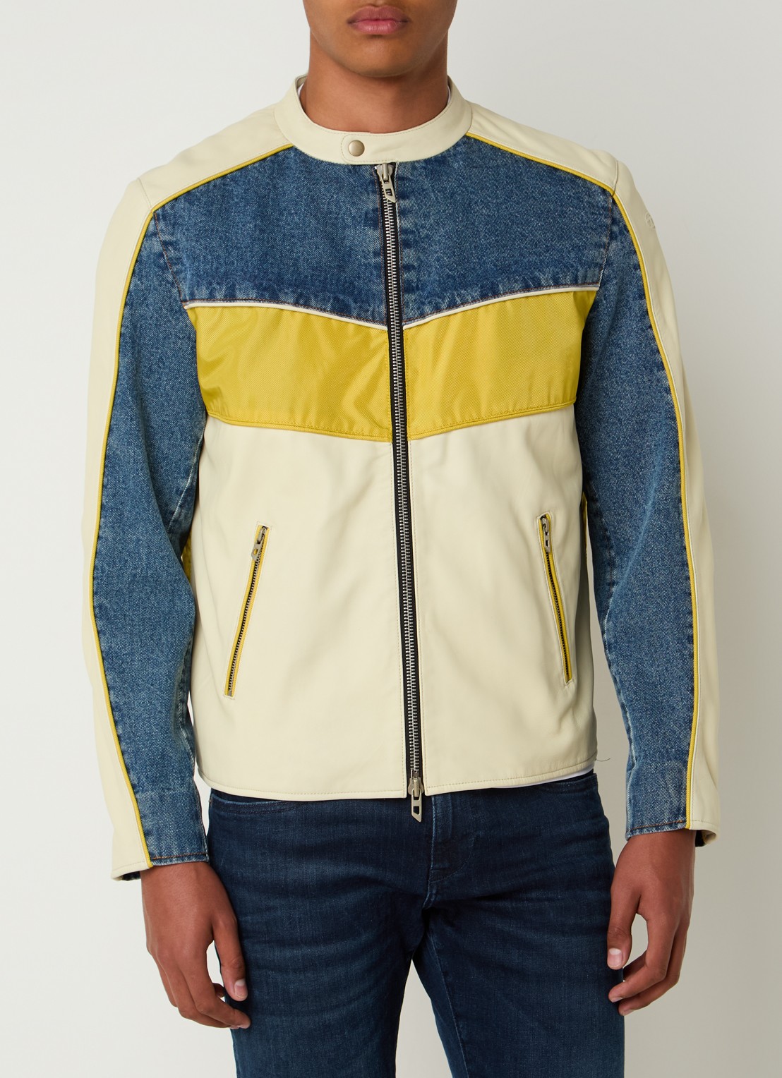 Diesel L-Leopol bikerjack van lamsleer met details van denim - detail 4 lichtgeel