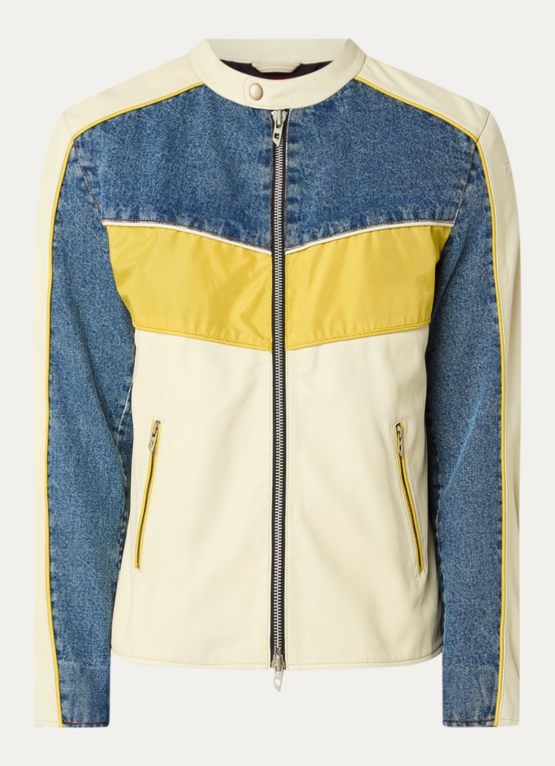 Diesel L-Leopol bikerjack van lamsleer met details van denim - voorkant 2 lichtgeel