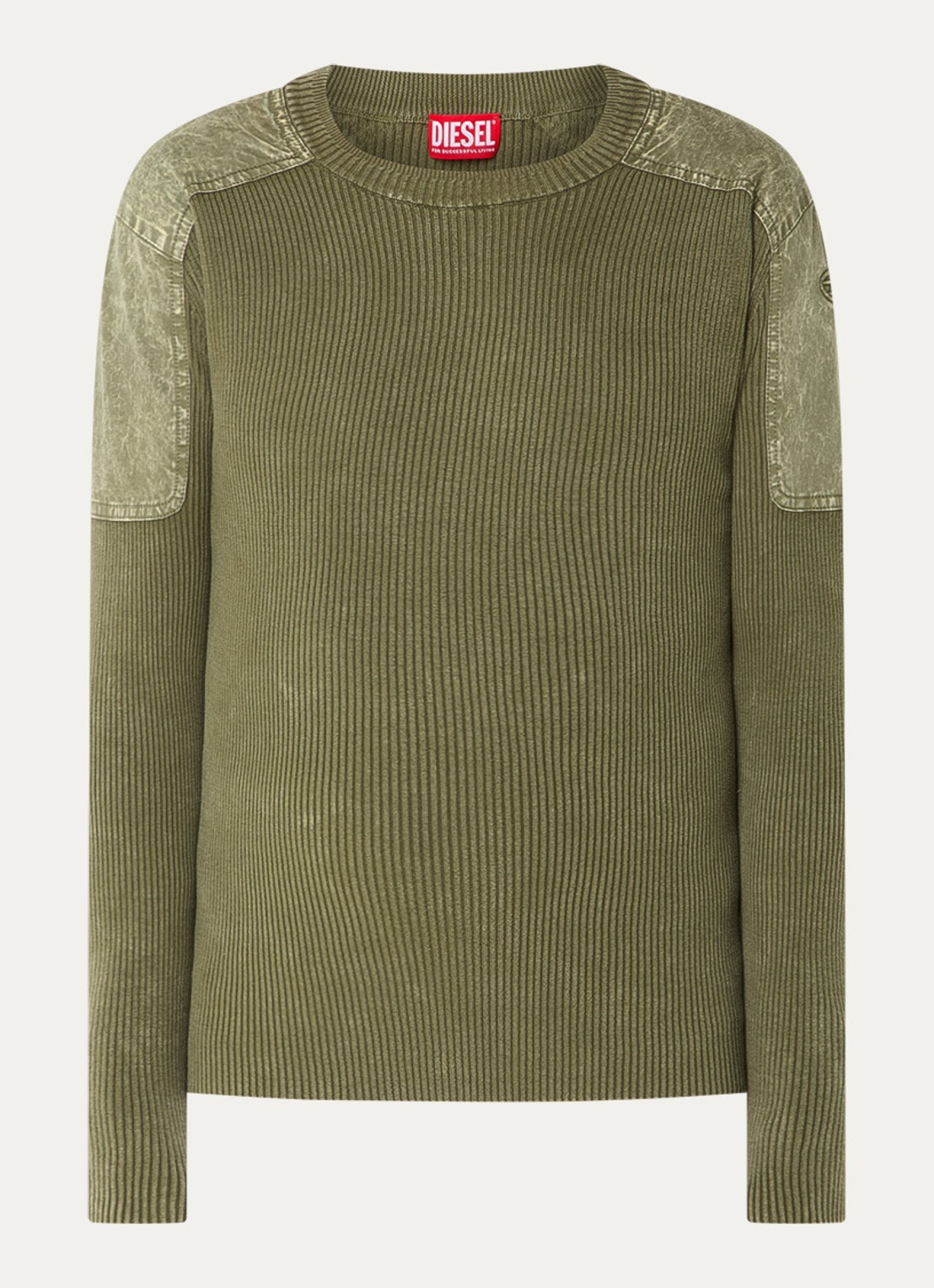 Diesel Ribgebreide pullover met logo - voorkant mosgroen