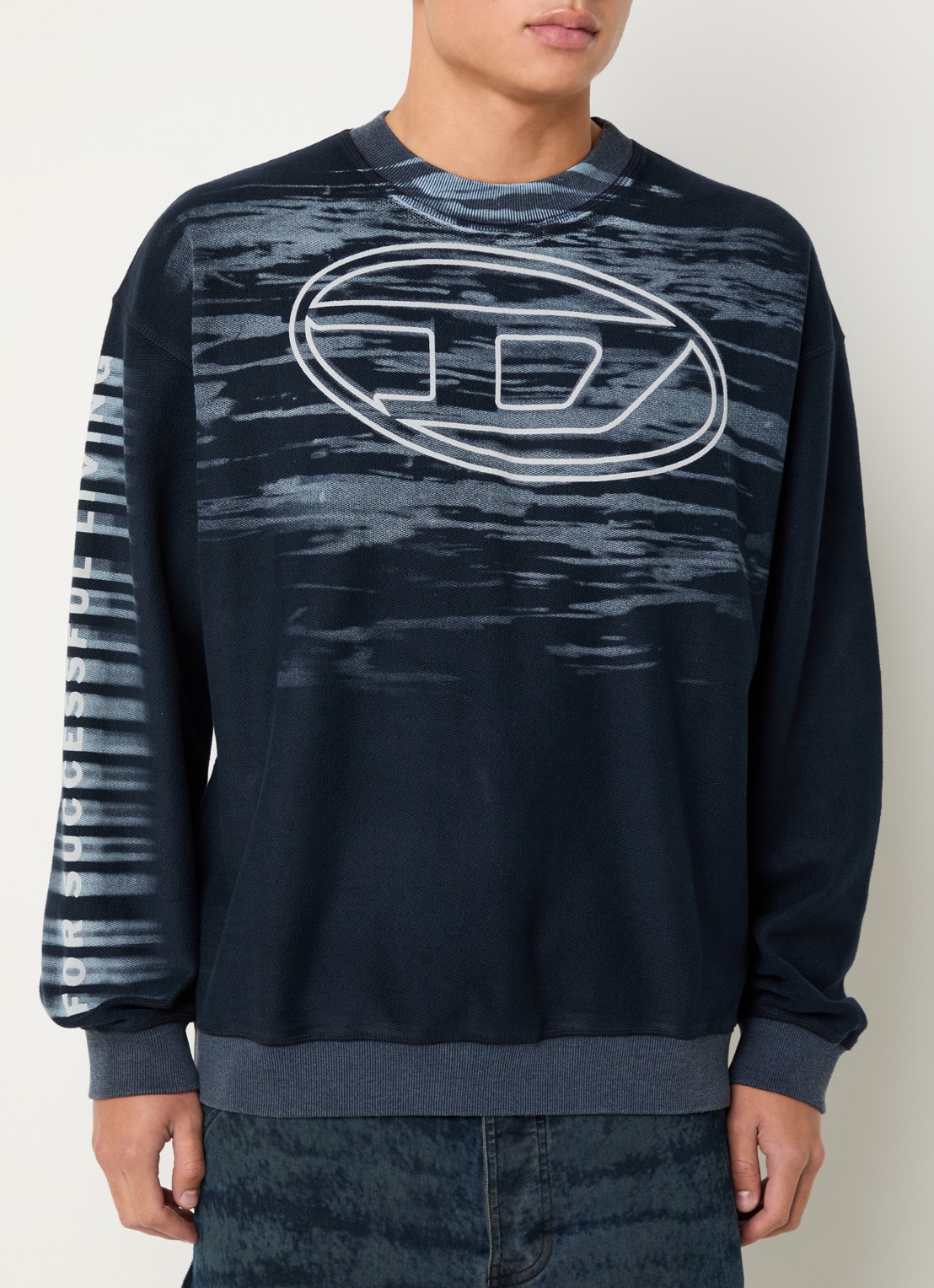 Diesel S-Box-T1 grofgebreide trui met ingebreide print  - detail donkerblauw