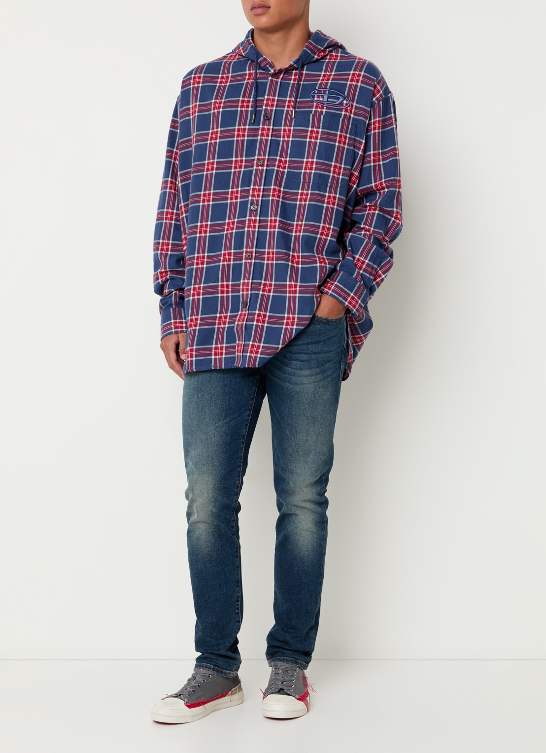 Diesel S-Dewny overhemd met capuchon en ruitdessin  - voorkant 2 donkerblauw