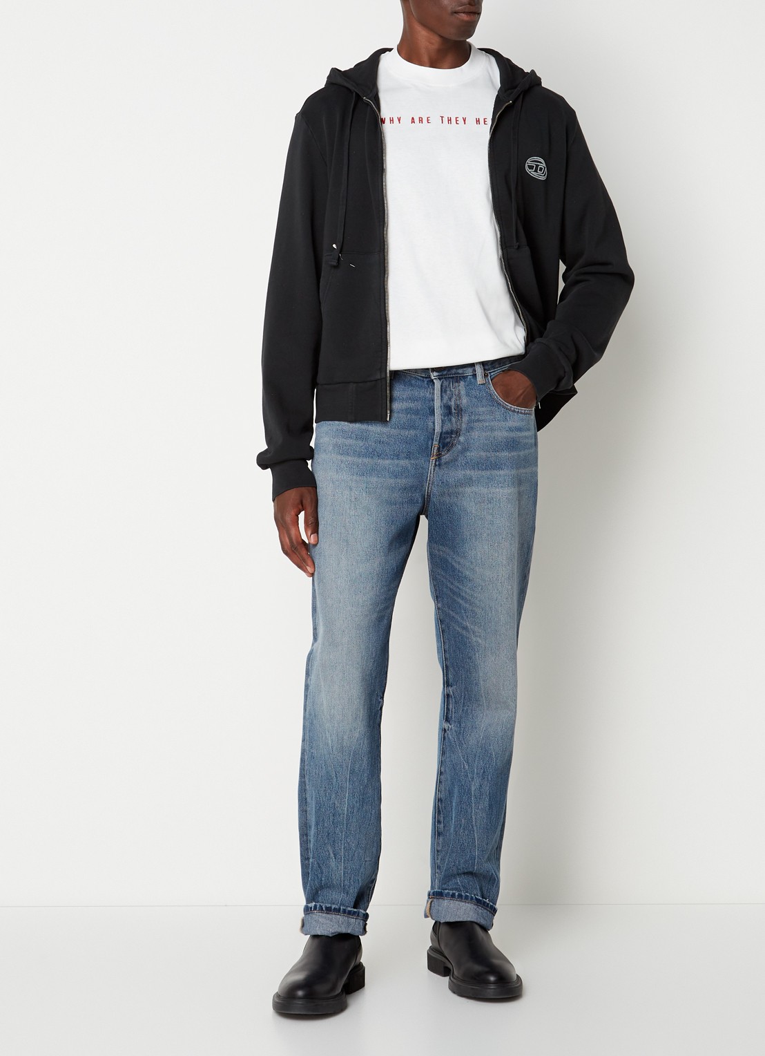 Diesel S-GINN-HOOD-ZIP-E1 sweatvest met logo- en backprint - voorkant 3 zwart