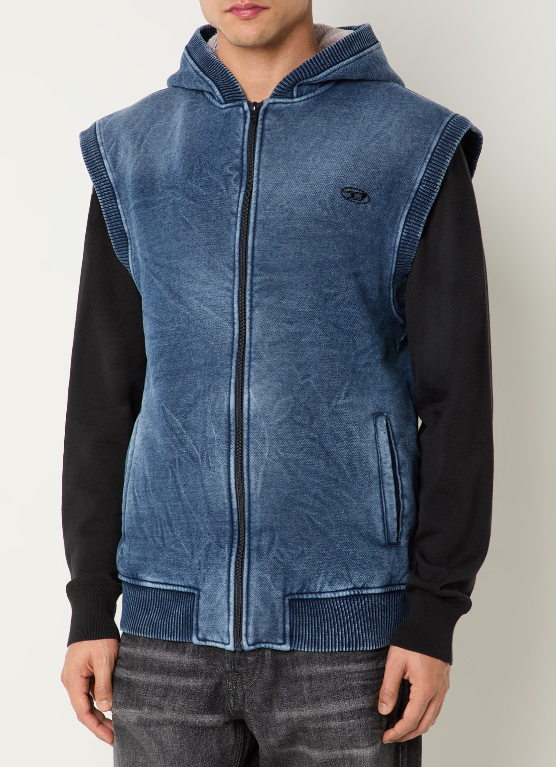 Diesel S-Hakel bodywarmer met capuchon en logo - detail 4 indigo