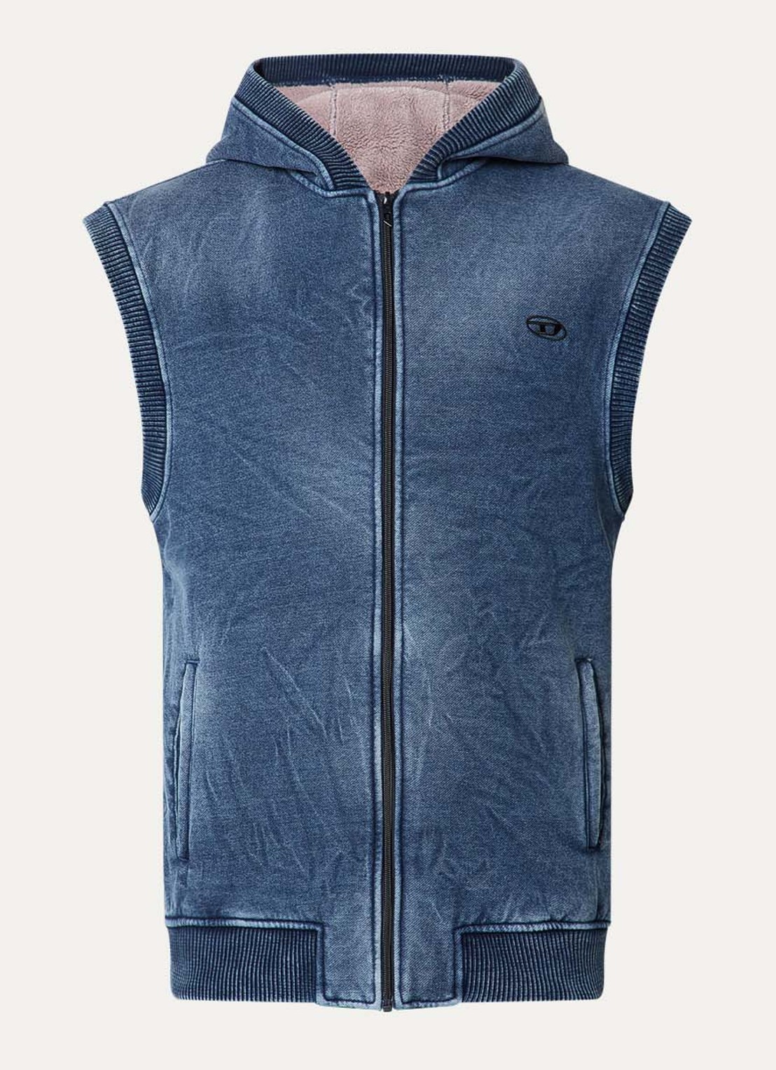 Diesel S-Hakel bodywarmer met capuchon en logo - voorkant indigo