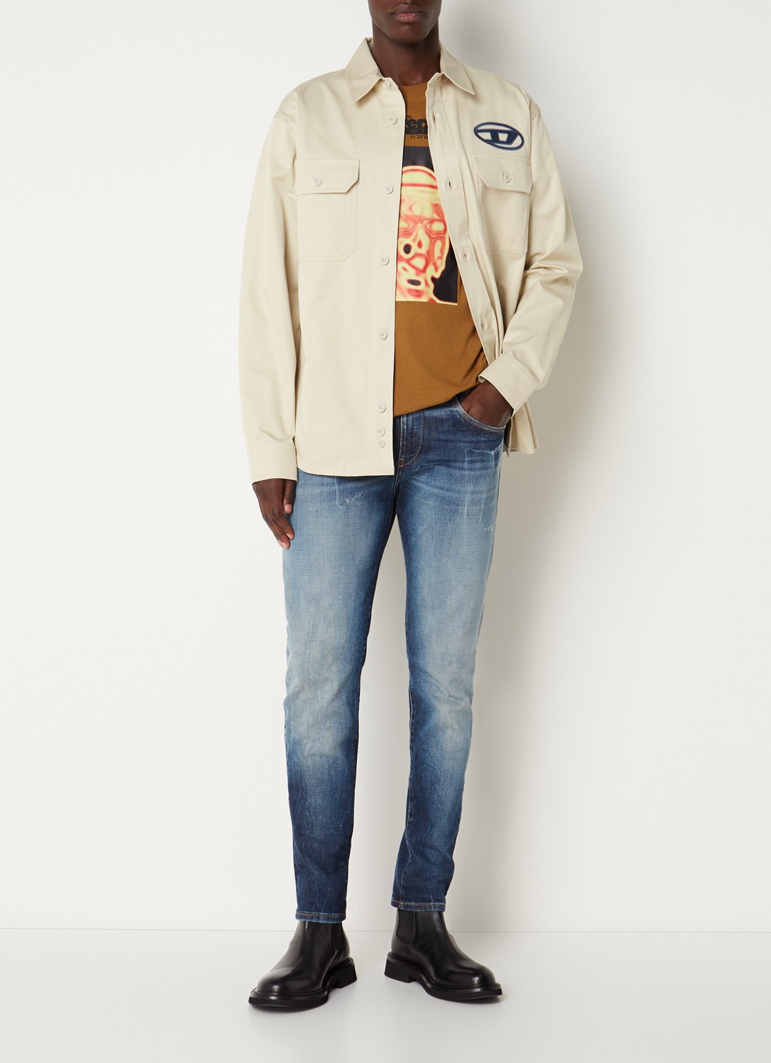 Diesel S-SAFFEL-MON overshirt met logo- en backprint - voorkant 4 creme