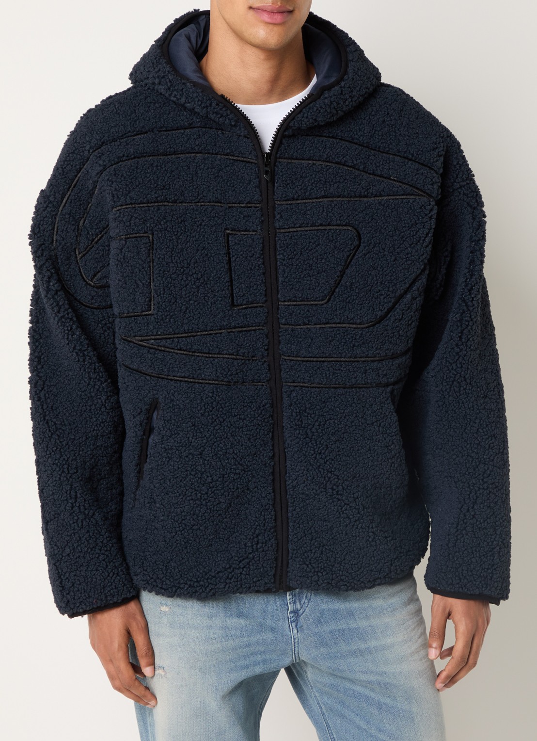 Diesel S-Zat teddy jack met logo en steekzakken - detail donkerblauw
