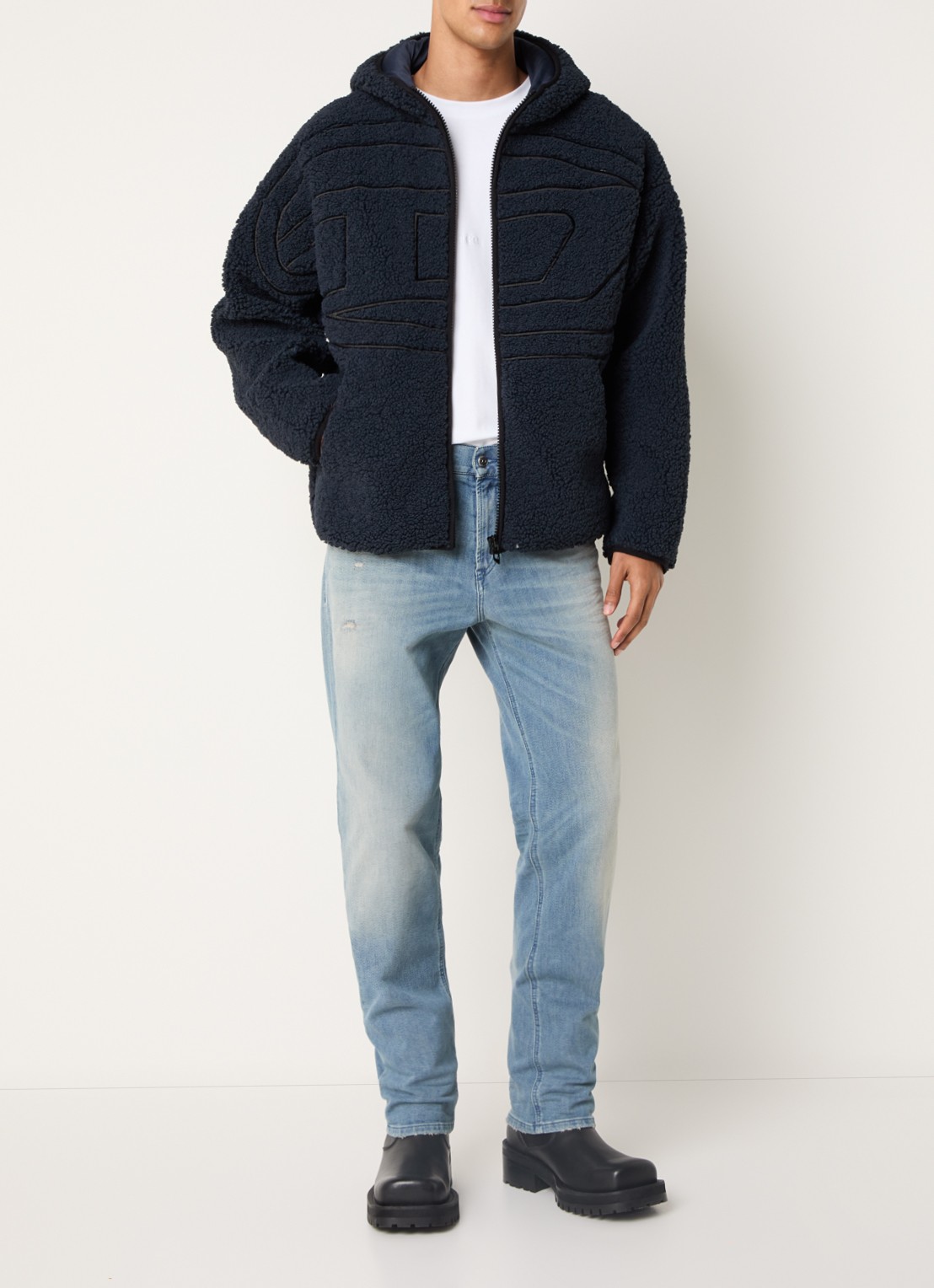 Diesel S-Zat teddy jack met logo en steekzakken - voorkant 4 donkerblauw