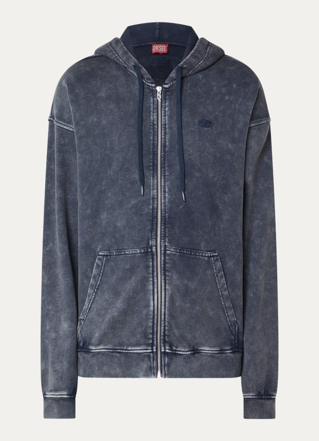 Diesel Sweatvest met capuchon en verwassen afwerking - voorkant donkerblauw