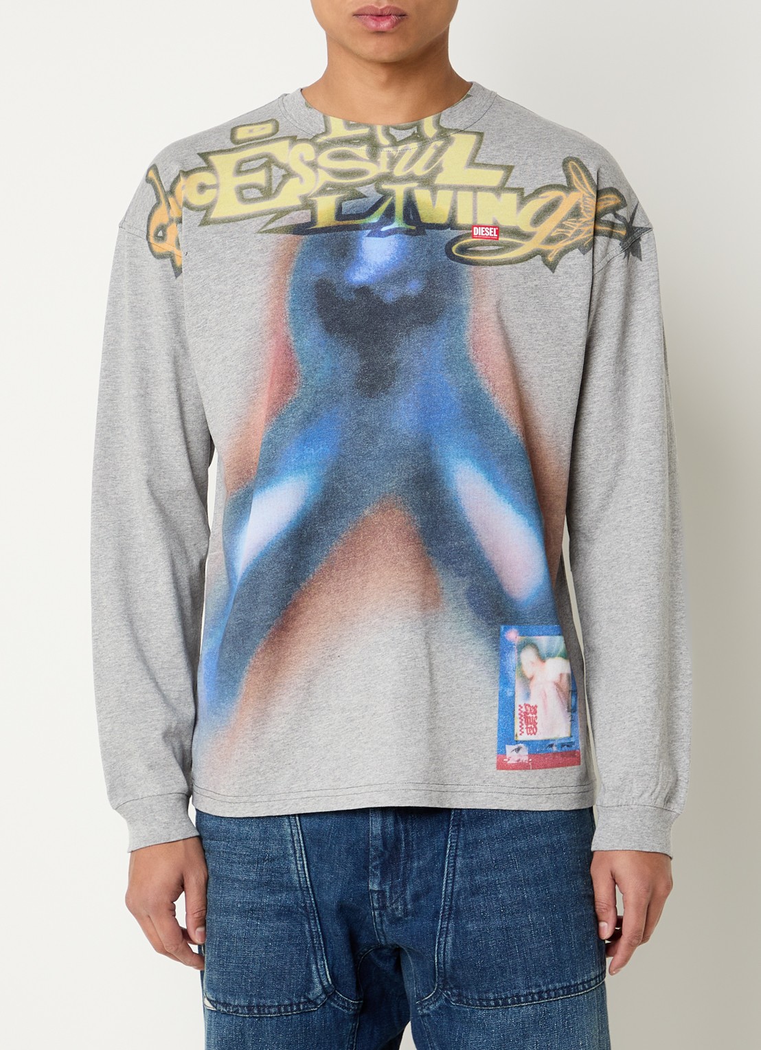 Diesel T-Boxt-Ls-V1 longsleeve met print en gemêleerd dessin - detail 4 grijsmele