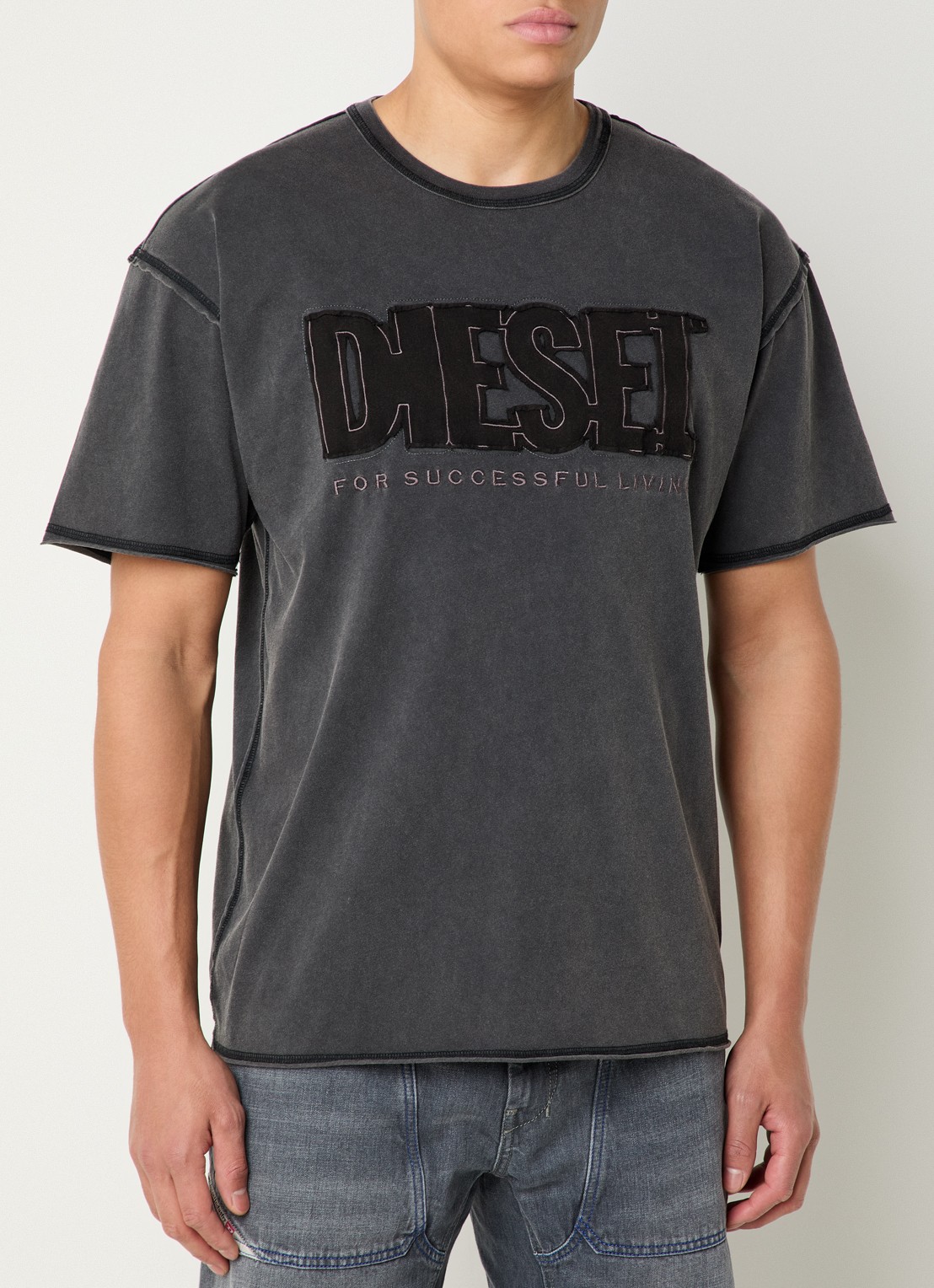 Diesel T-rawboxt T-shirt met logoborduring - detail antraciet