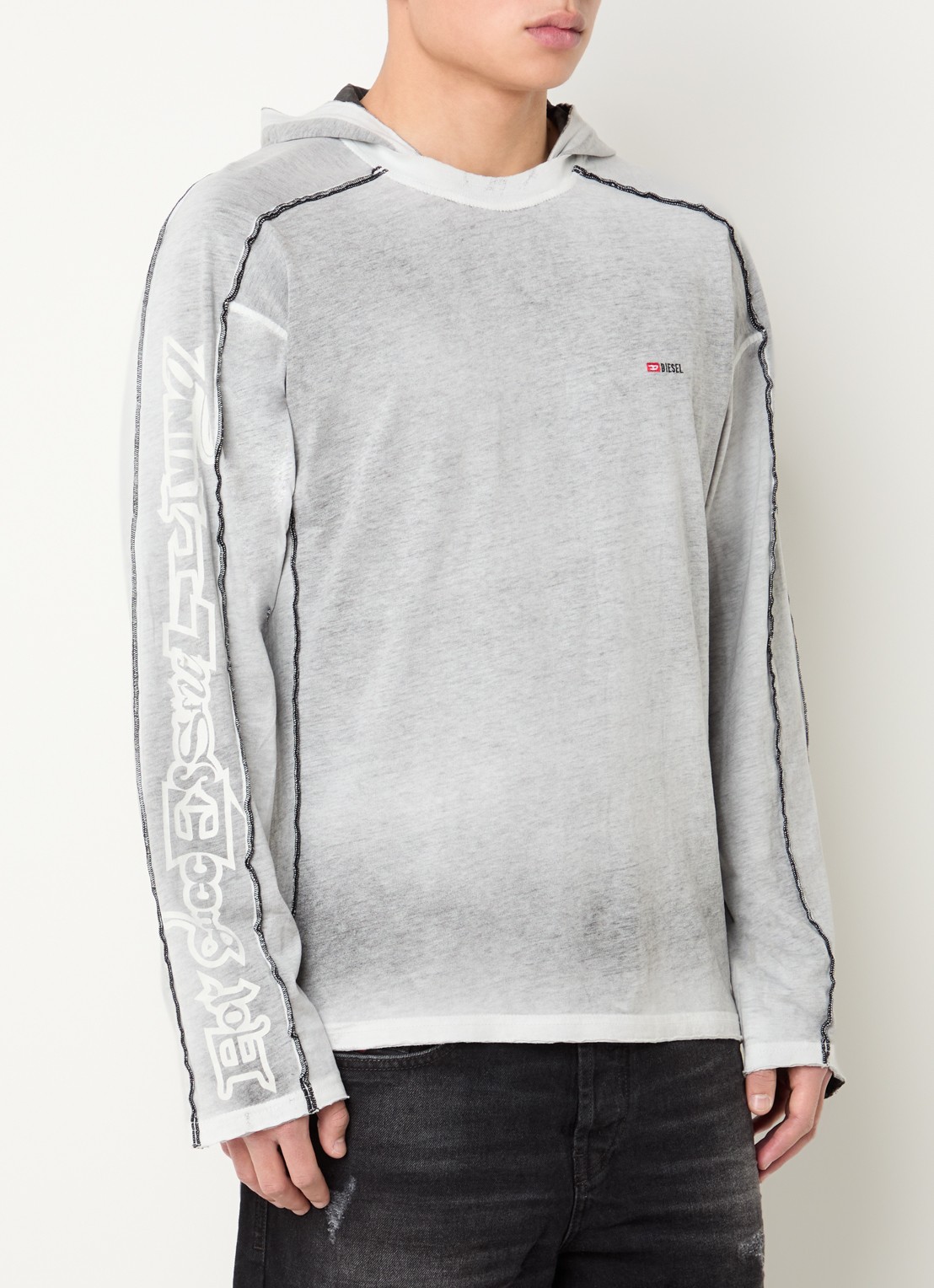 Diesel T-riven longsleeve T-shirt met capuchon - detail 4 grijsmele
