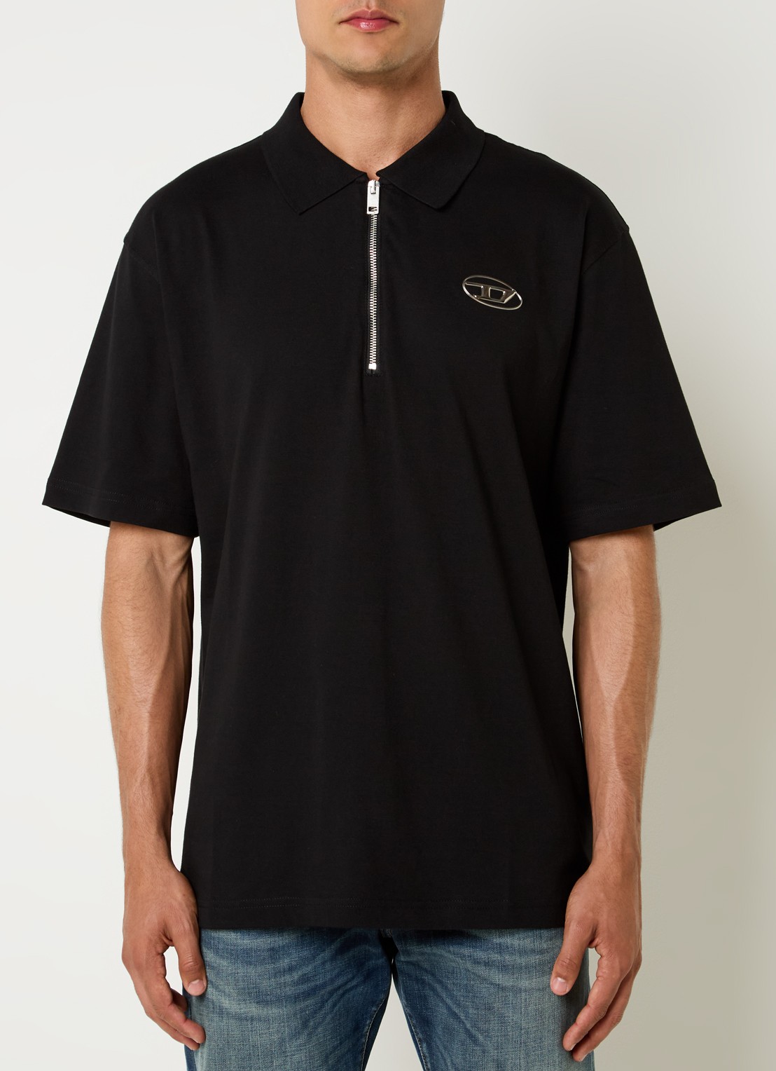Diesel T-Vor-Od regular fit polo met halve rits en logo - detail 3 zwart