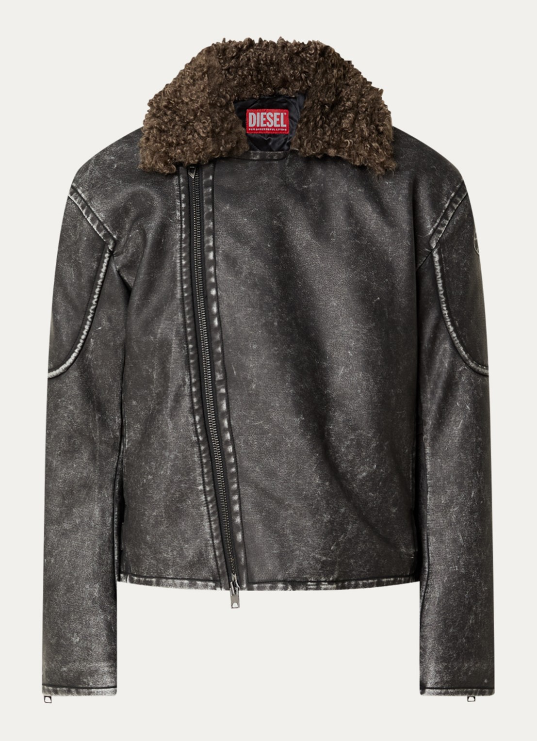 Diesel W-Alex lammy coat van imitatieleer met afneembare kraag van imitatiebont - voorkant zwart