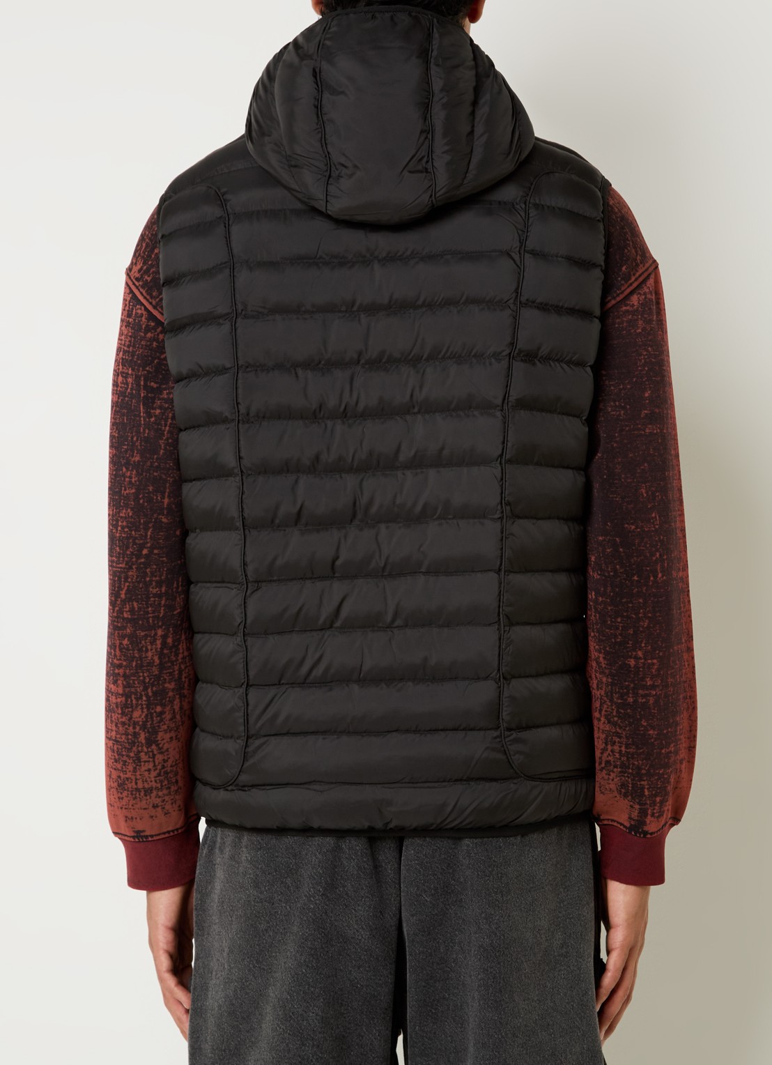 Diesel W-Temple gewatteerde bodywarmer met capuchon en logo - achterkant zwart