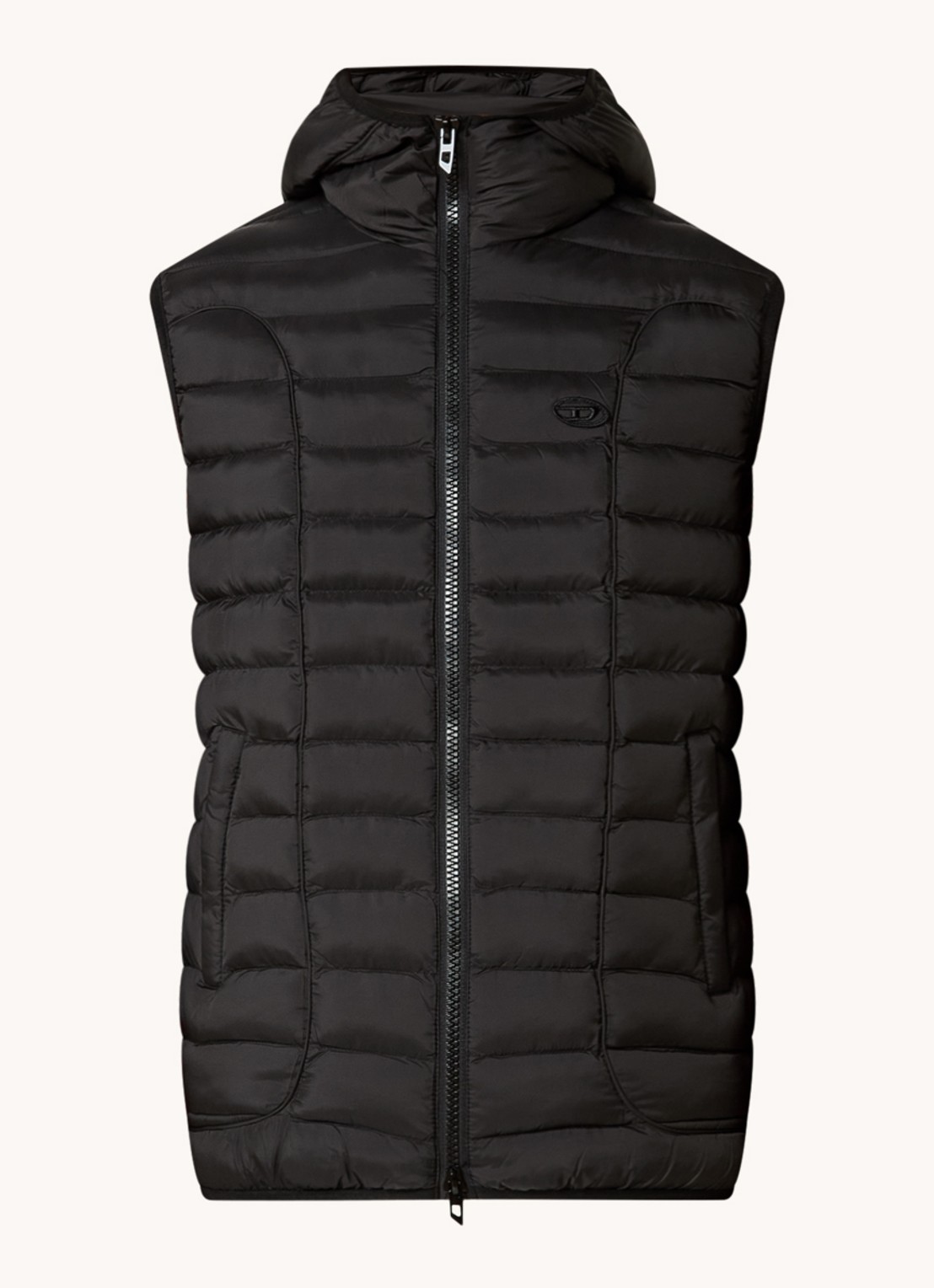 Diesel W-Temple gewatteerde bodywarmer met capuchon en logo - voorkant 3 zwart
