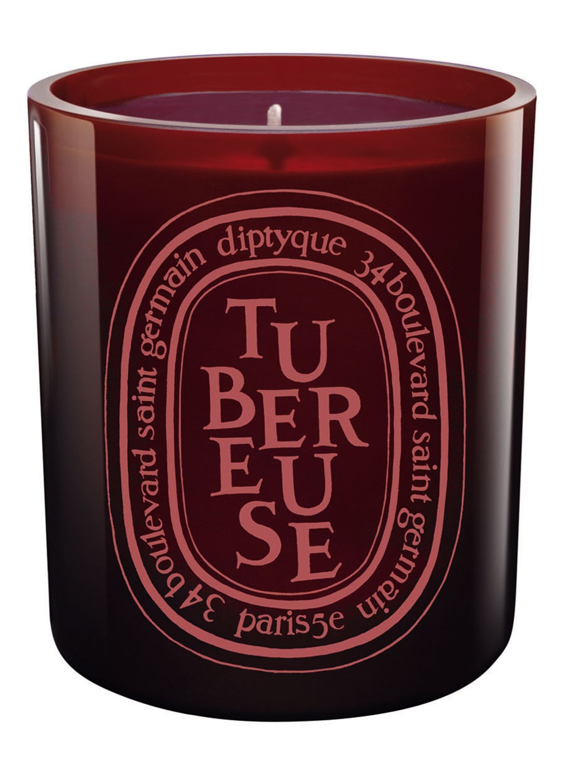 DIPTYQUE Tubereuse Rouge geurkaars - voorkant bordeauxrood