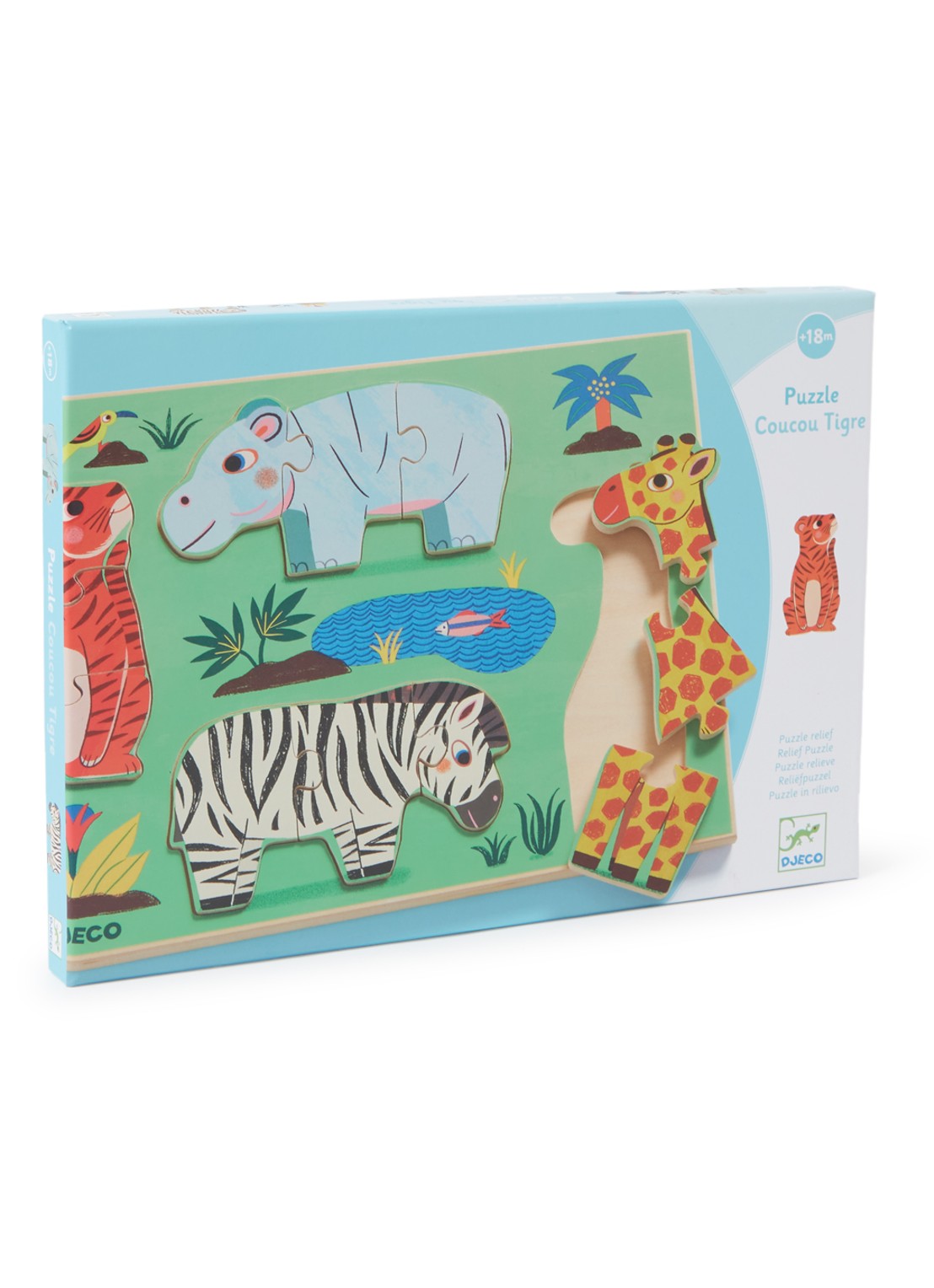 Djeco Coucou Tigre houten vormenpuzzel 12 stukjes - voorkant multicolor