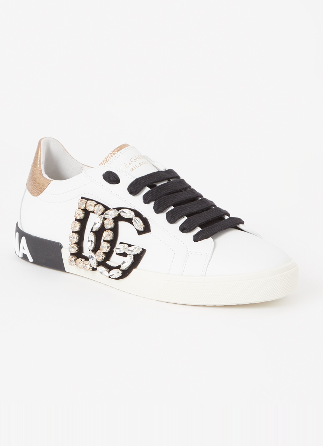 Dolce & Gabbana Portofino Vintage sneaker van kalfsleer met strass - voorkant wit