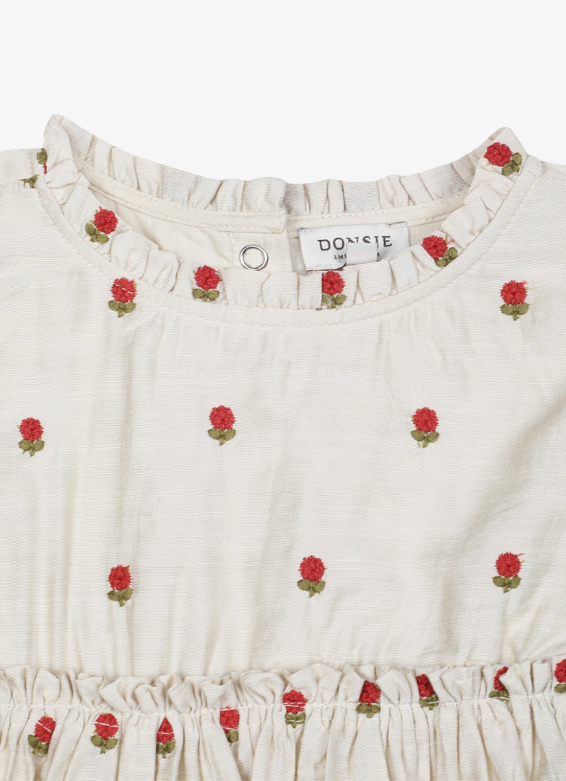 Donsje Amsterdam Camilla Red Roses jurk met pofmouw - detail zand