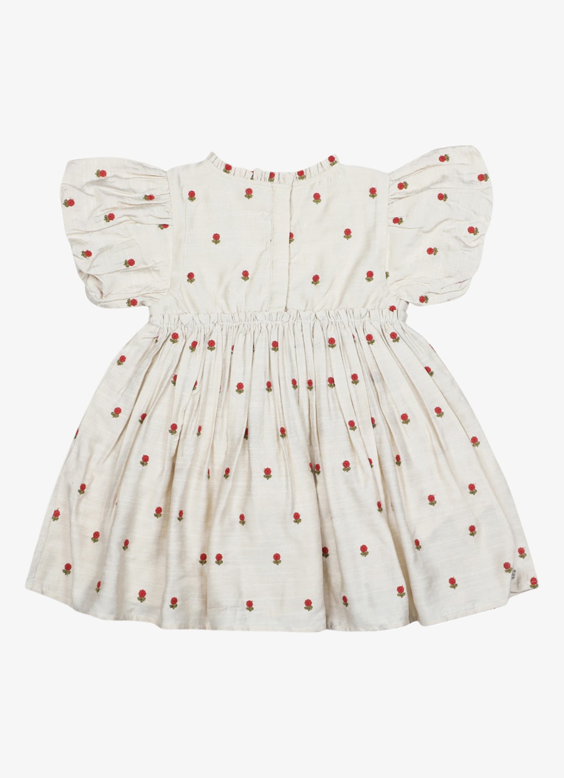 Donsje Amsterdam Camilla Red Roses mini jurk met bloemenprint - achterkant zand