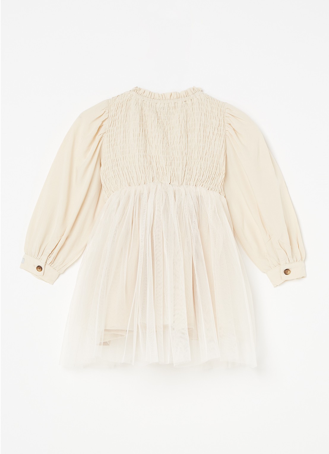 Donsje Amsterdam Janice A-lijn jurk in linnenblend met tule - achterkant beige
