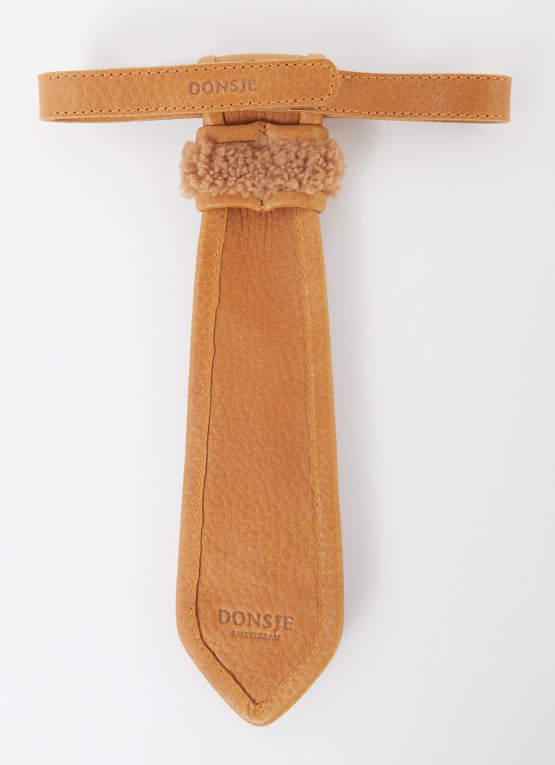Donsje Amsterdam Nata Gingerbread stropdas van leer met teddy details - detail roestbruin