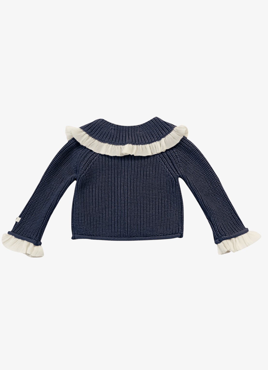 Donsje Amsterdam Zoila grofgebreid vest met ruches - achterkant 3 donkerblauw