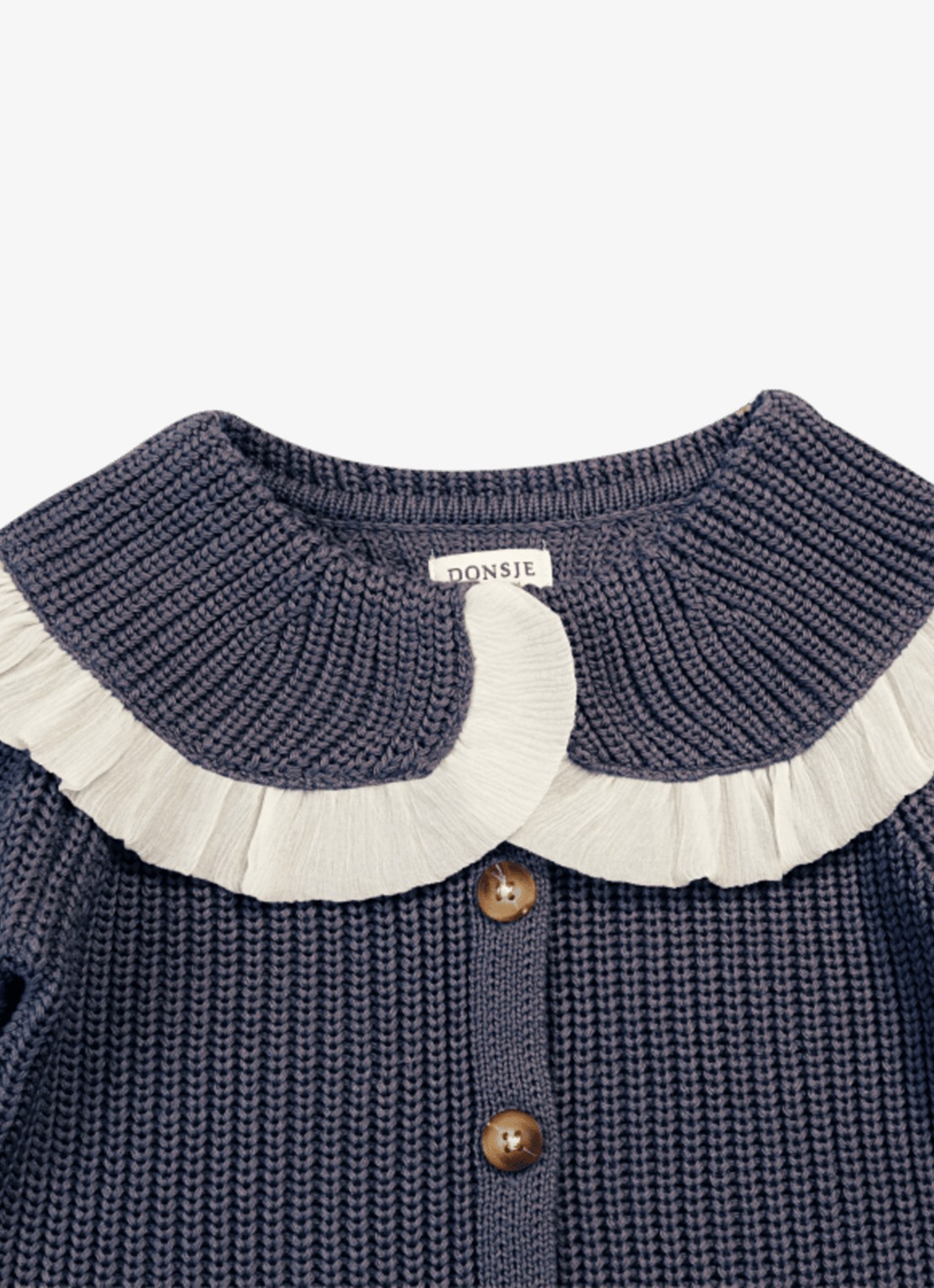 Donsje Amsterdam Zoila grofgebreid vest met ruches - detail donkerblauw