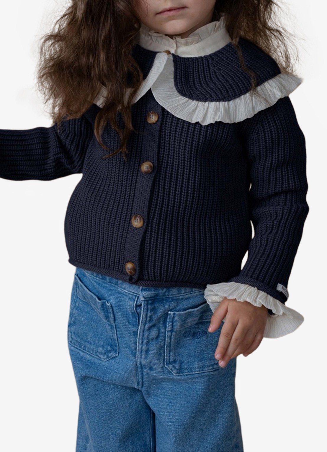 Donsje Amsterdam Zoila grofgebreid vest met ruches - voorkant 5 donkerblauw
