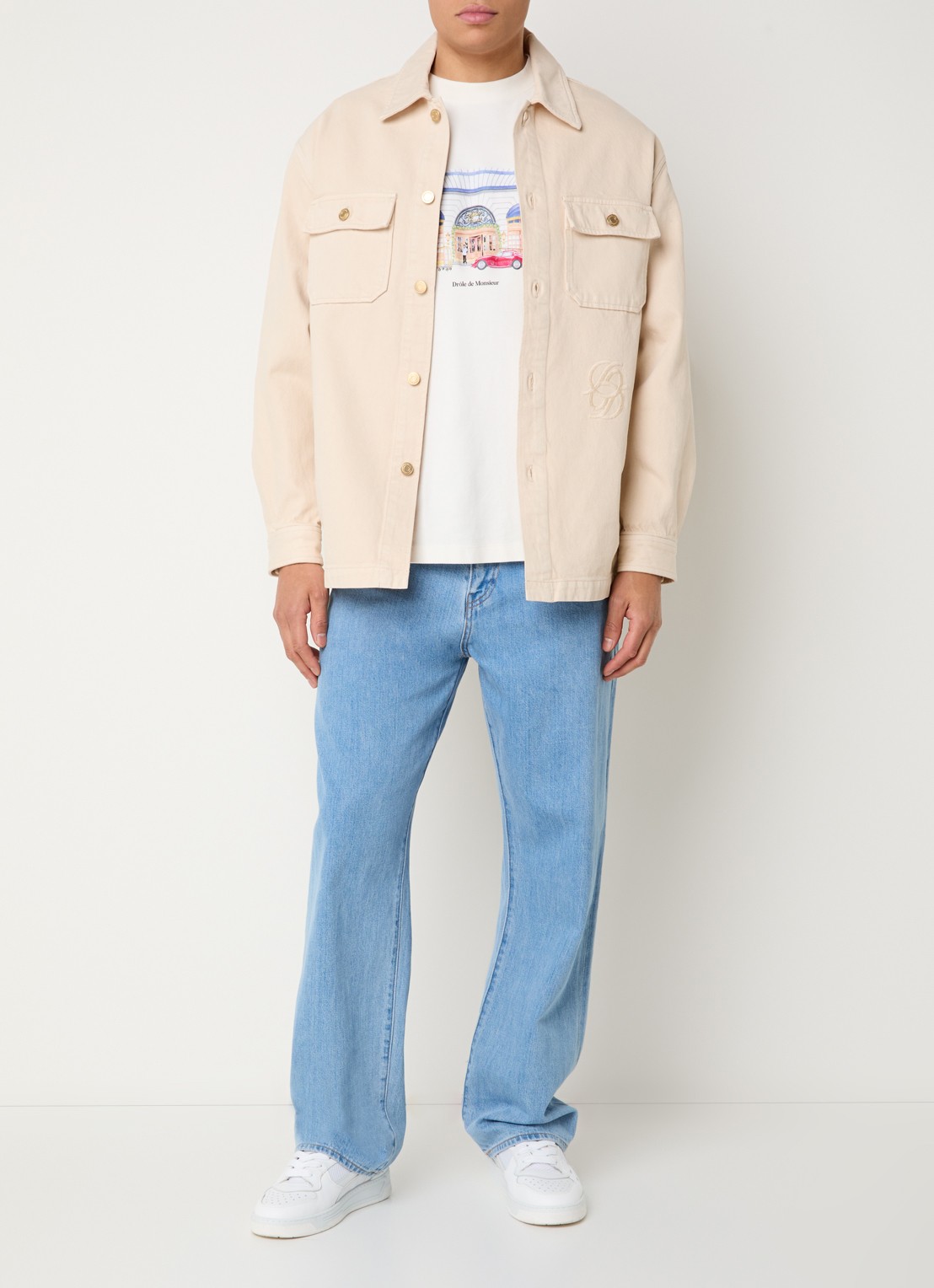 Drôle de Monsieur Chemise regular fit overshirt van denim met borstzakken - voorkant 4 beige